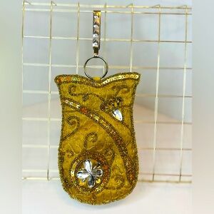 Small Gold Beaded & Sequined Pouch Mini Bag with Metal Clip